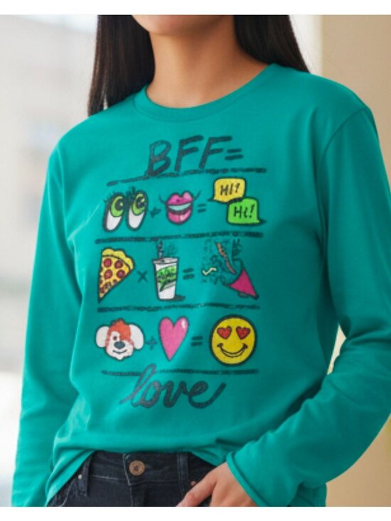 Hanes Other - Hanes Girls Green Long Sleeve Graphic Tee With "BFF Love" Emoji Design Soft Rayo